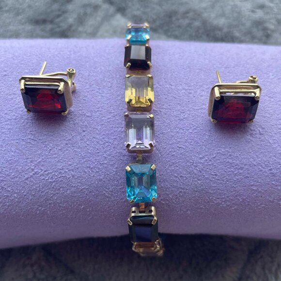 Women's Semi-precious Stones and 10k Gold Bracelet and Earrings Set - Picture 1 of 2